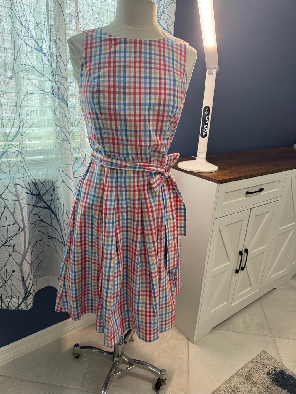 Tommy Hilfiger - Red, Blue & White Plaid Fit-and-Flare Dress with Waist Tie